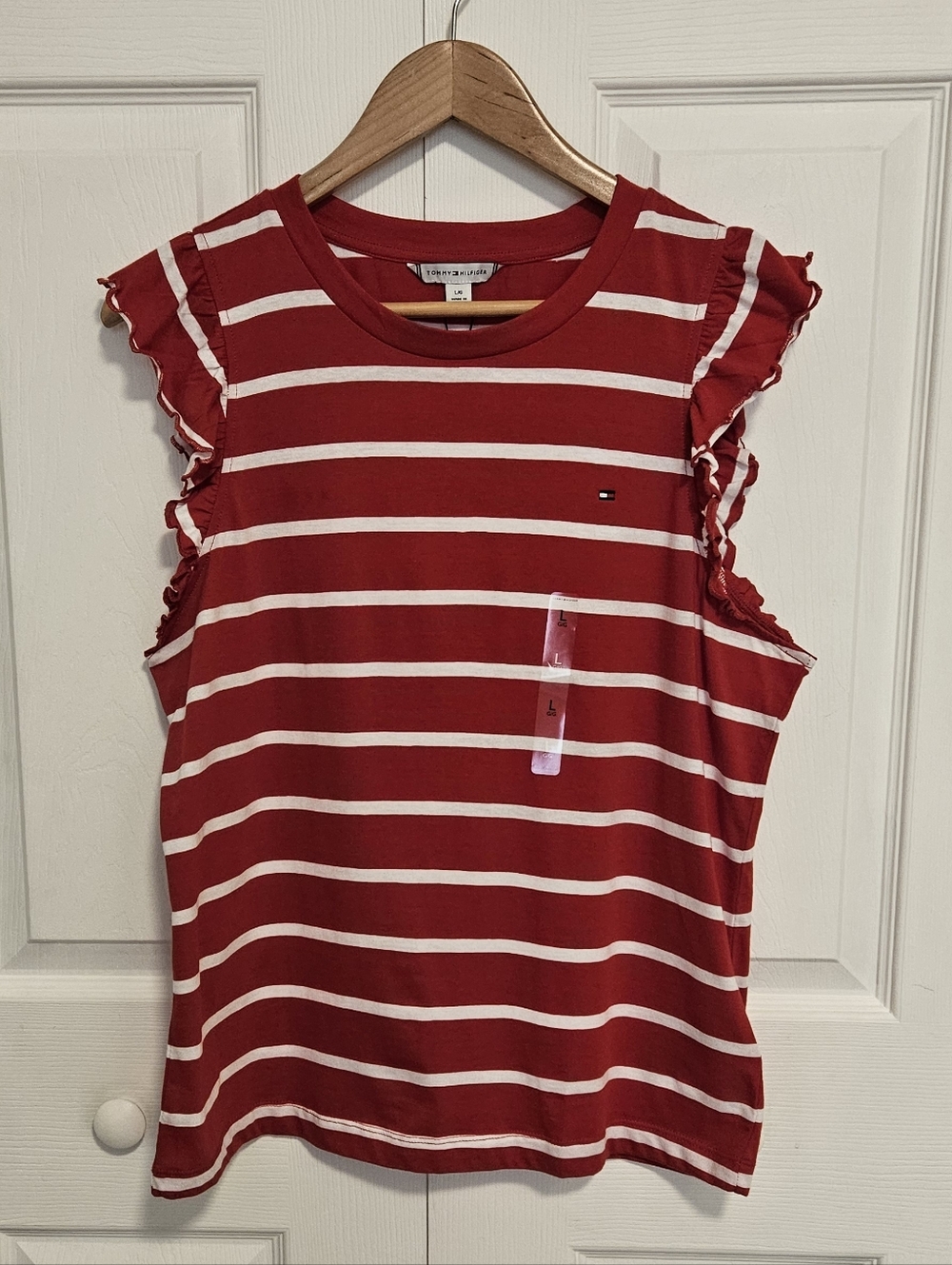 Tommy Hilfiger Red & White Striped Ruffle Flutter Sleeve Shirt Size L